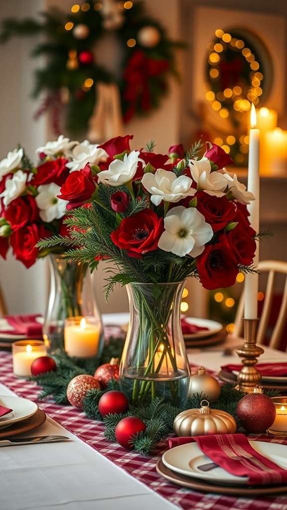 A Christmas table setting with vases of flowers, pine branches, and candles, creating a festive ambiance.